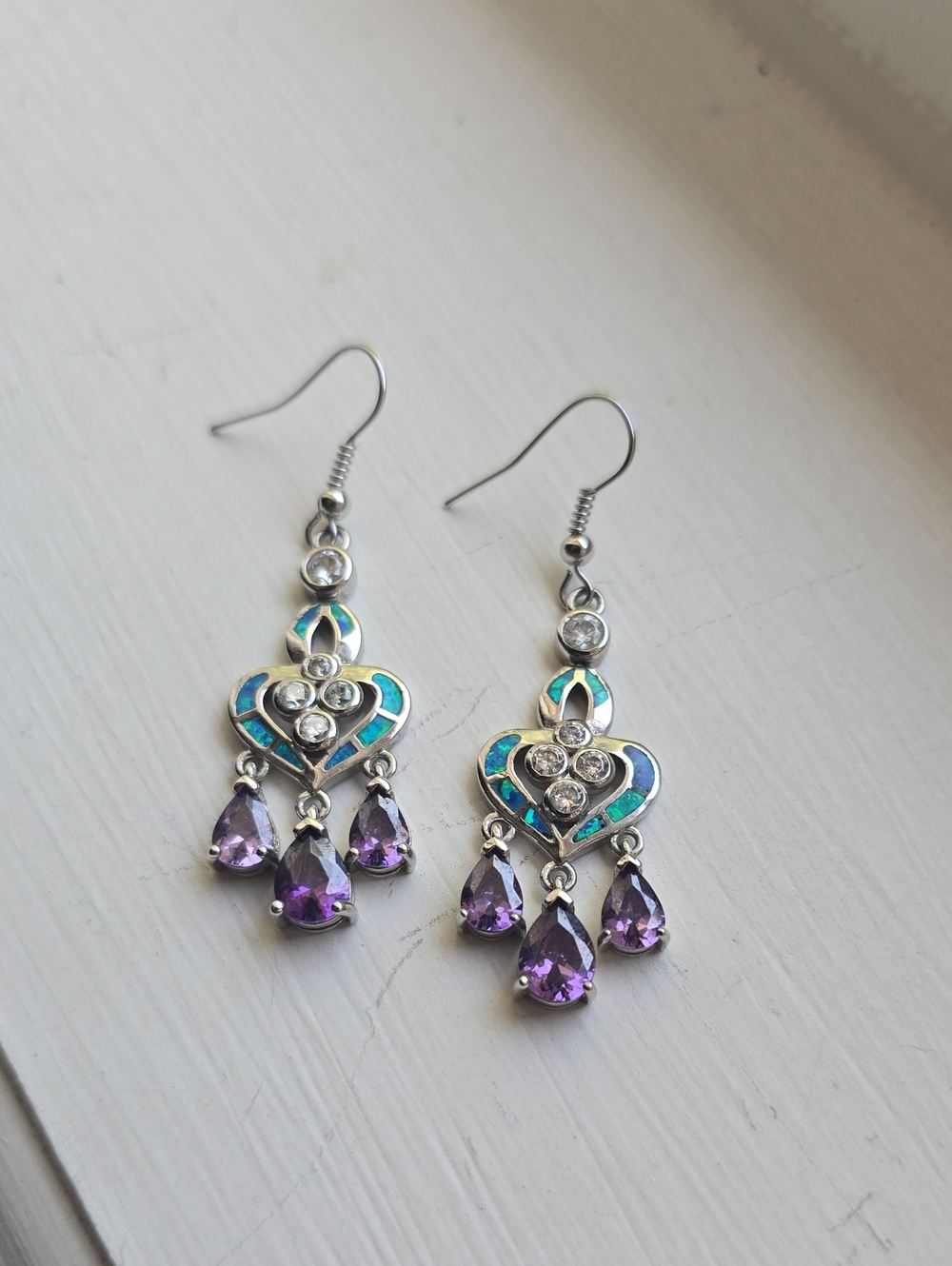 Sterling Silver Purple Teardrop & Opal Heart Dangle Earrings